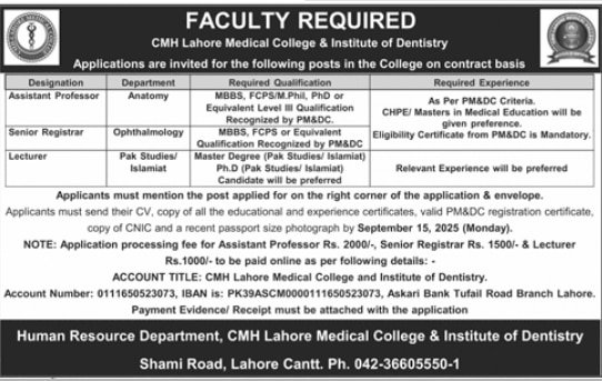 cmh lahore faculty jobs