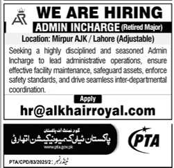 Alkhai Royal Admin Incharge retired major job vacancy Mirpur Lahore 2025