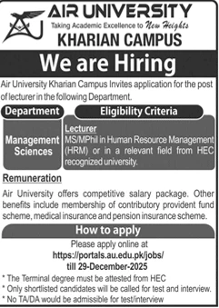 ** air university kharian campus lecturer management sciences hrm job advertisement 2025