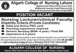 ** aligarh college of nursing lecturer clinical faculty job advertisement lahore 2025