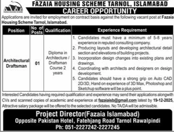 Fazaia Housing Scheme architectural draftsman job advertisement Islamabad 2025