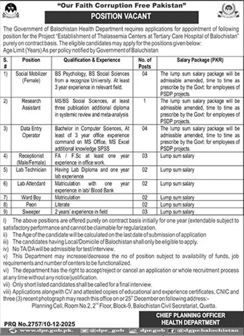 Government of Balochistan Health Department Quetta job vacancy advertisement 2025, Thalassemia Centers Project career opportunity
