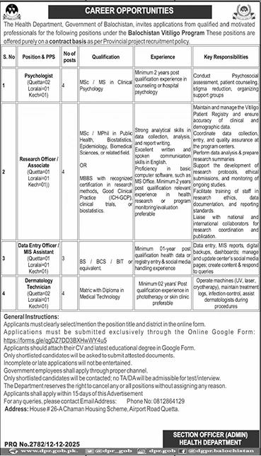 balochistan health department jobs quetta, balochistan vitiligo program vacancy