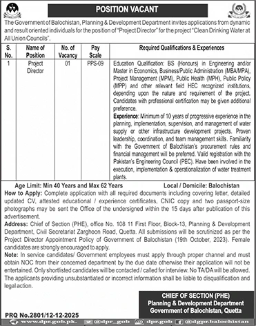 Government of Balochistan Planning Development Department Project Director vacancy announcement, Quetta jobs 2025 clean drinking water project