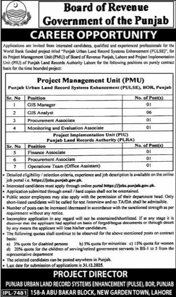 board of revenue punjab pulse project jobs 2025 gis manager positions