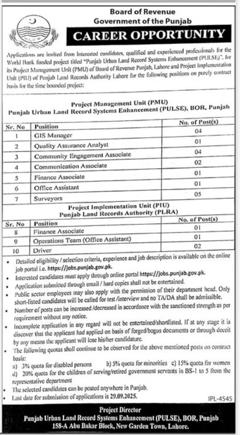 Board of Revenue Punjab PULSE project job advertisement Lahore 2025, government vacancy announcement
