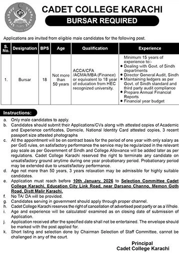 Cadet College Karachi Bursar Jobs 2025 | Finance Officer