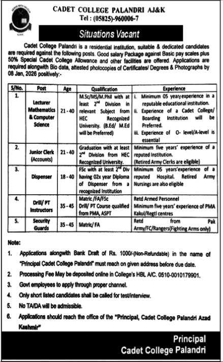 Cadet College Palandri Jobs 2025 Lecturer Clerk Dispenser Cadet College Palandri Jobs 2025 Lecturer Clerk Dispenser