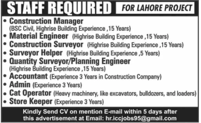construction manager jobs pakistan 2025, highrise building construction vacancies