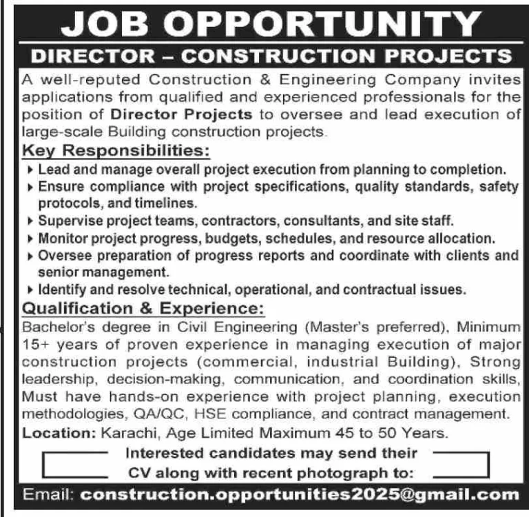 Construction Engineering company Director Projects job advertisement Karachi 2025