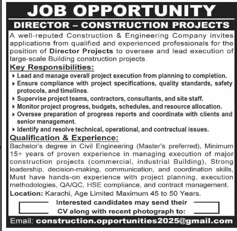 Construction Engineering company Director Projects job advertisement Karachi 2025