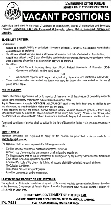 Controller of Examinations Government of Punjab Higher Education Department Multiple Districts Recruitment