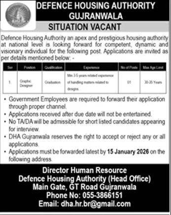 dha gujranwala graphic designer job opportunity 2025, government positions pakistan