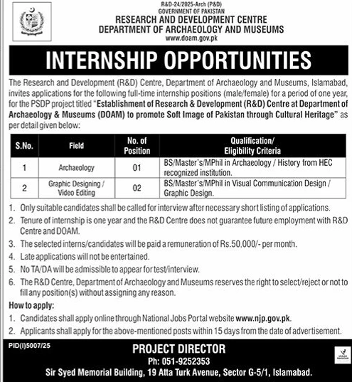 department of archaeology and museums internship opportunity islamabad
