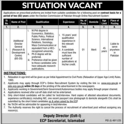 Additional Director General Job Vacancy Election Commission Pakistan Research Development Centre