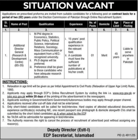 election commission pakistan additional director general research development centre job advertisement 2025