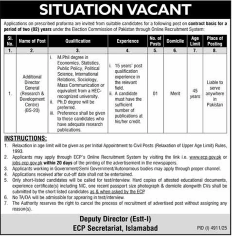 Election Commission of Pakistan situation vacant deputy director job, ECP Islamabad recruitment 2025