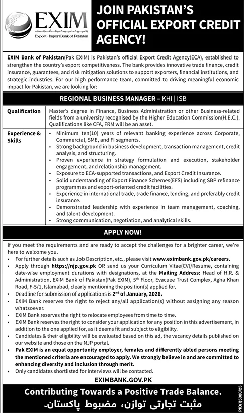 exim bank export credit agency job vacancy, islamabad karachi