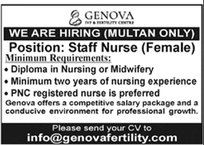 Genova IVF Fertility Centre staff nurse job advertisement, nursing positions Multan 2025
