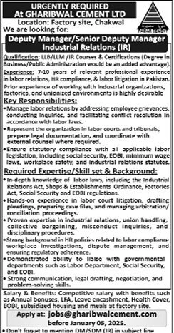 ** gharibwal cement deputy manager industrial relations job advertisement chakwal 2025