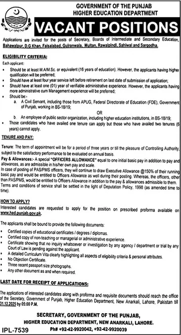Government of Punjab Higher Education Department vacancy announcement for Board Secretary positions, education board jobs Punjab 2025 advertisement