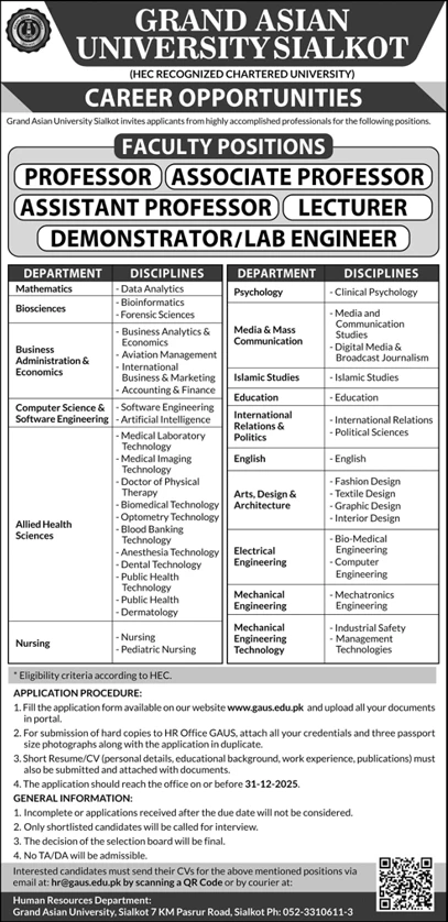 grand asian university sialkot career opportunities faculty positions advertisement