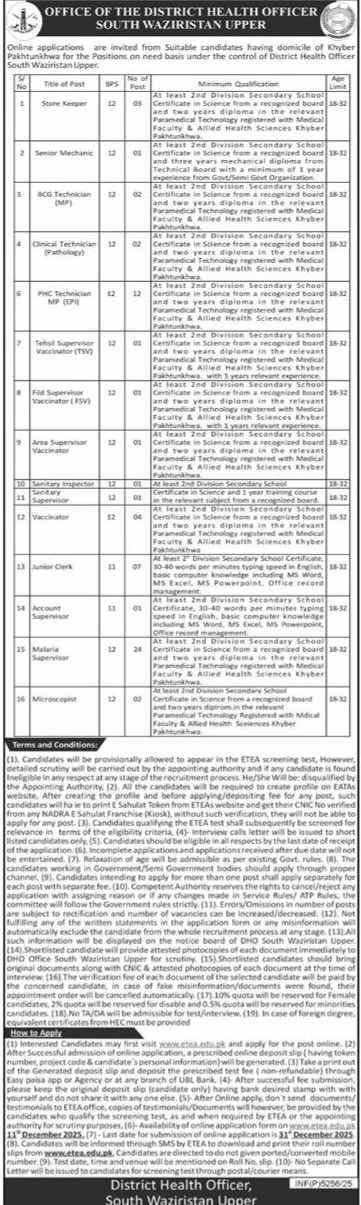 health department jobs south waziristan upper kpk, vaccinator technician supervisor