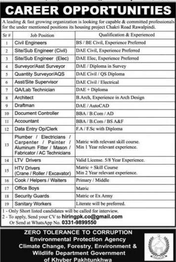 Housing project career opportunities job advertisement Chakri Road Rawalpindi