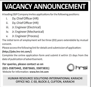 human resource solutions international vacancy announcement for leading e and p company dy chief officer hr and junior engineer positions in karachi