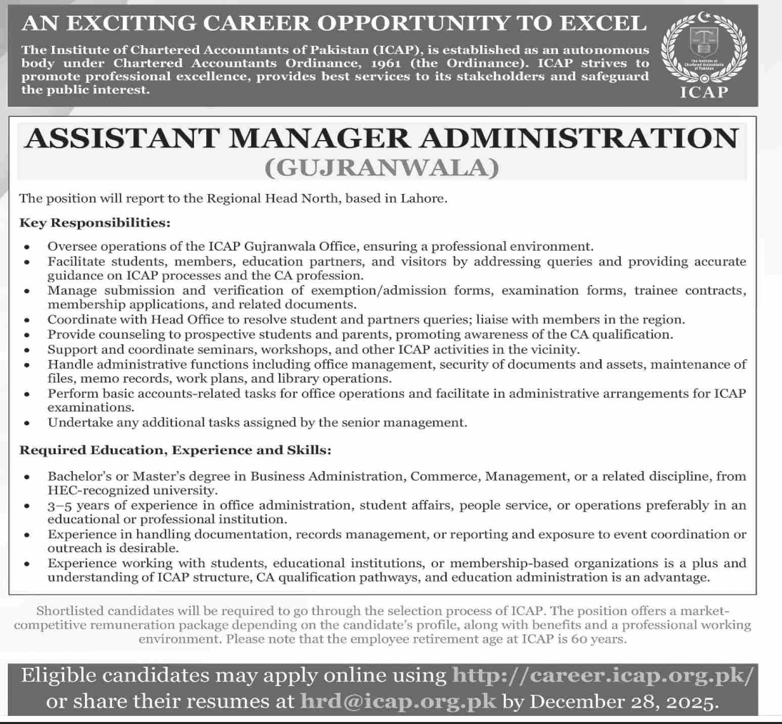 icap assistant manager administration gujranwala career opportunity 2025