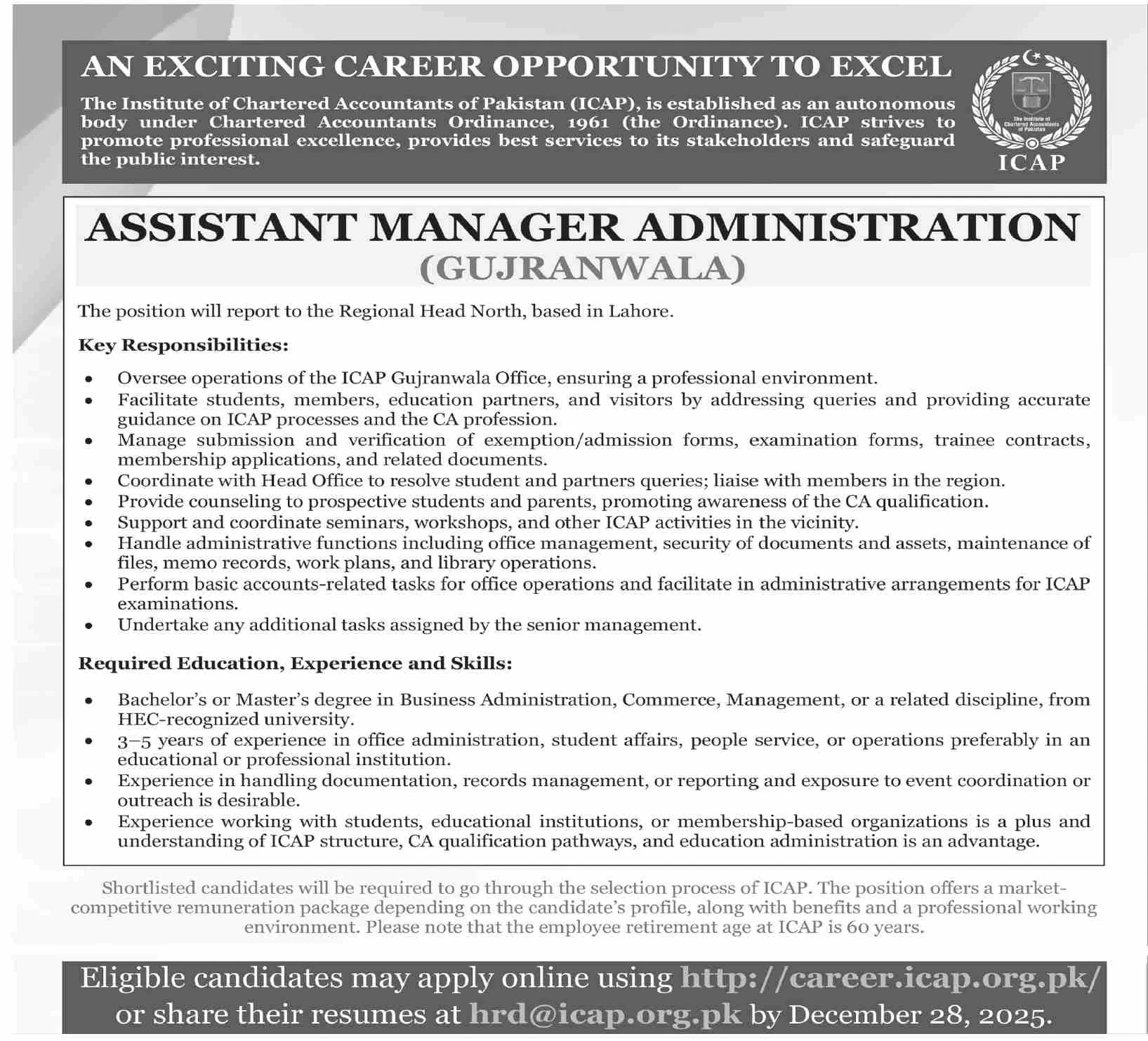 icap chartered accountants pakistan assistant manager administration gujranwala, professional office management jobs
