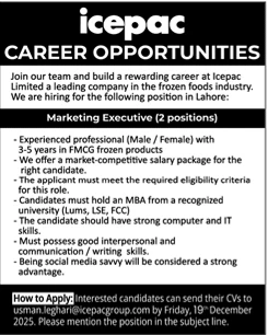 Icepac Limited marketing executive job advertisement, job opportunities in Lahore 2025