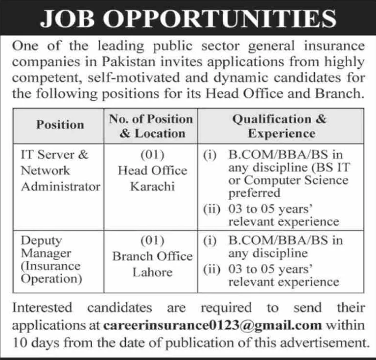 Insurance company job advertisement Karachi Lahore IT Server Network Administrator Deputy Manager 2025, private insurance sector recruitment