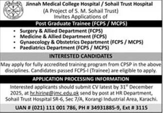 jinnah medical college hospital sohail trust training program advertisement for postgraduate fcps trainees, medical education karachi cpsp accredited