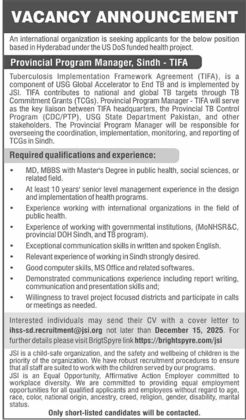 JSI Tuberculosis Implementation Framework TIFA Hyderabad job advertisement Provincial Program Manager 2025, international health organization recruitment Sindh