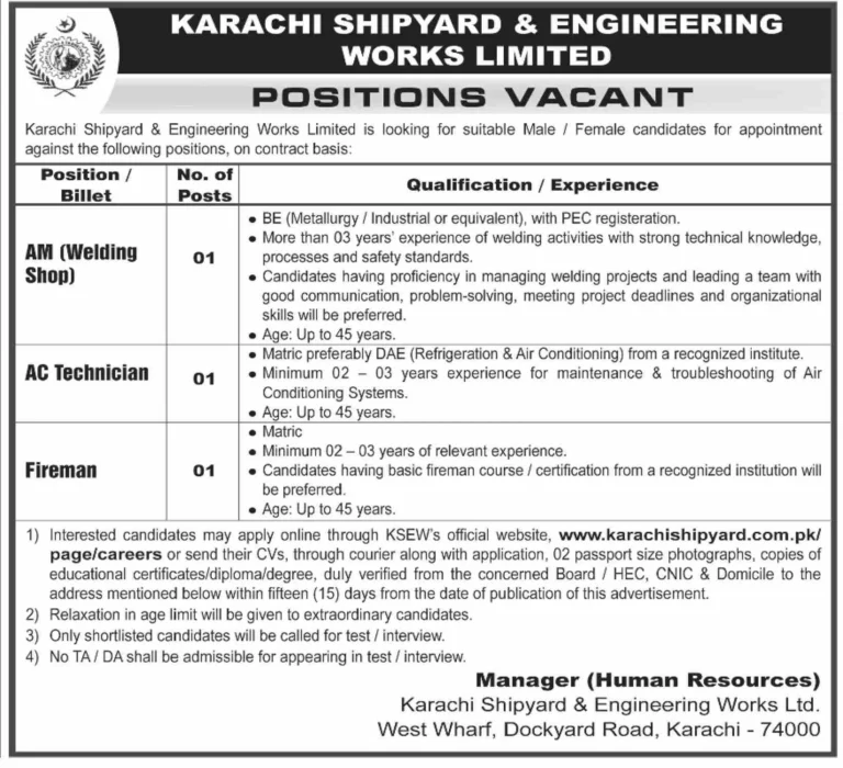 karachi shipyard engineering works employment vacancies, ac technician welding jobs karachi