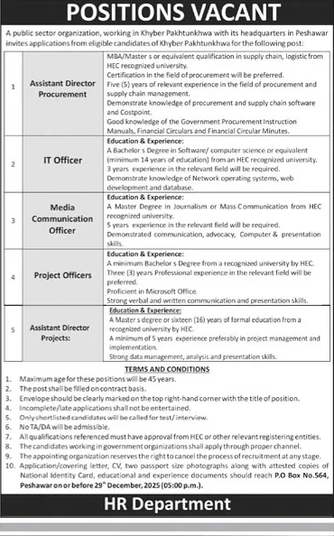 Government of Khyber Pakhtunkhwa job advertisement, positions vacant in Peshawar 2025