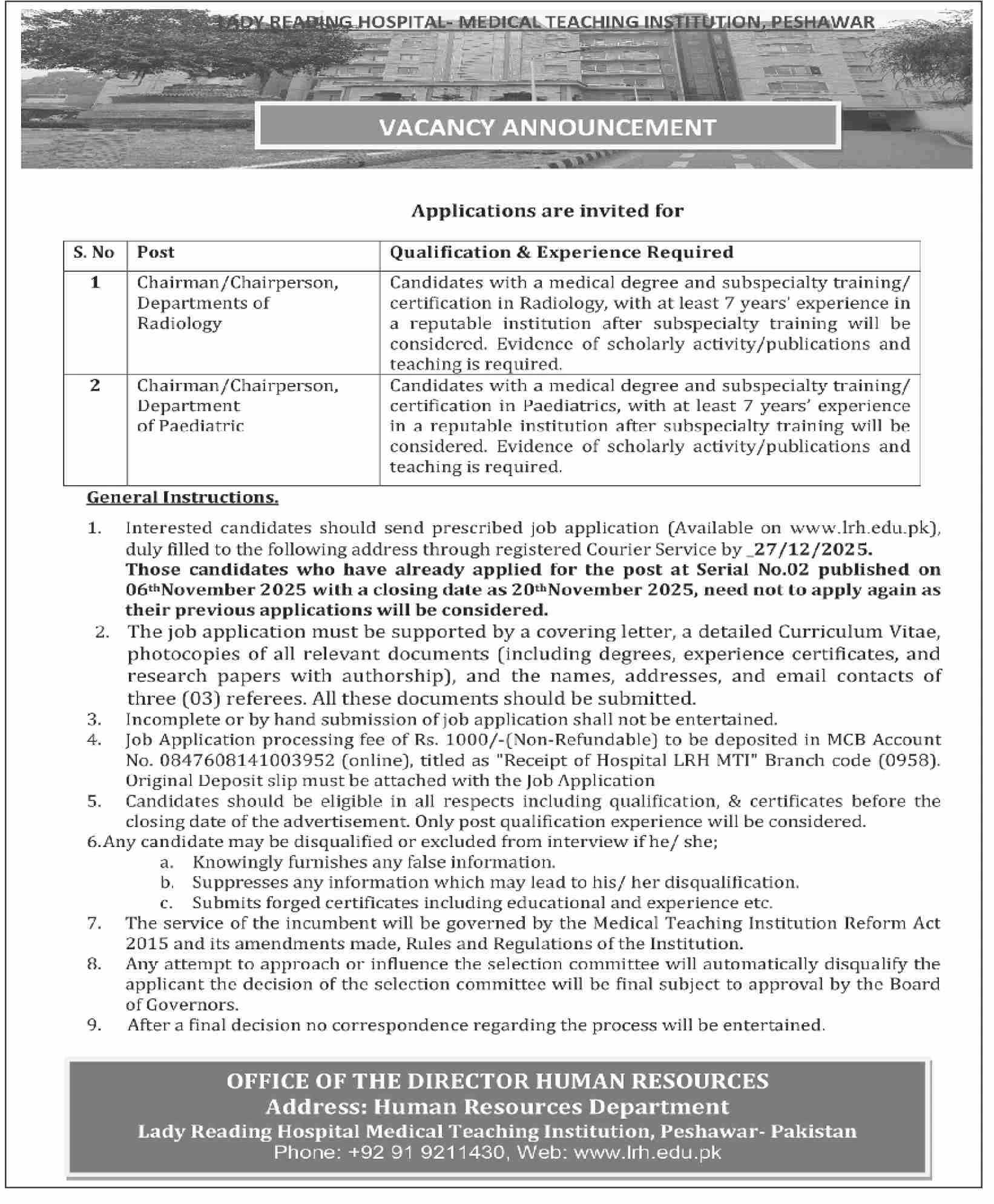 Lady Reading Hospital Medical Teaching Institution Peshawar vacancy announcement for Chairman positions, lady reading hospital job advertisement 2025 peshawar