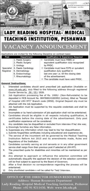 Lady Reading Hospital Medical Teaching Institution Peshawar vacancy announcement for specialist and registrar positions 2025