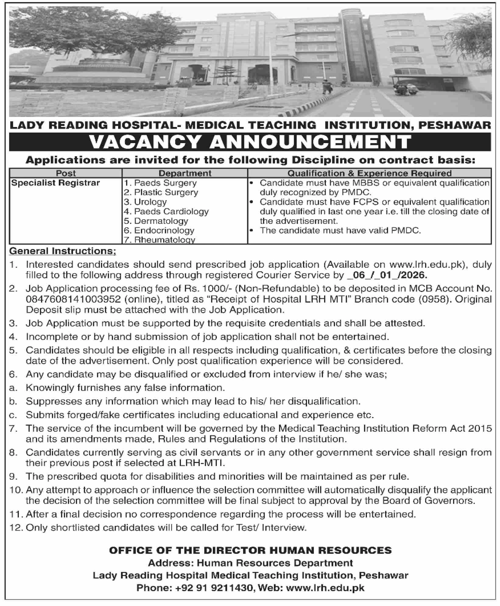 lady reading hospital peshawar specialist registrar medical positions, medical teaching institution jobs