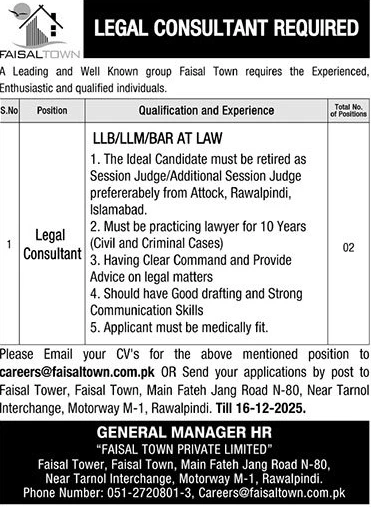 Faisal Town legal consultant vacancy Rawalpindi 2025, law expert position in private sector