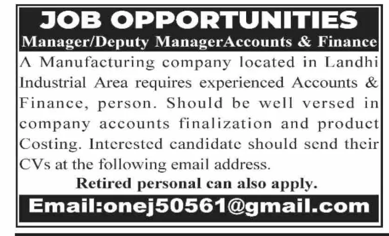 Manufacturing company Manager Accounts Finance job advertisement Karachi 2025