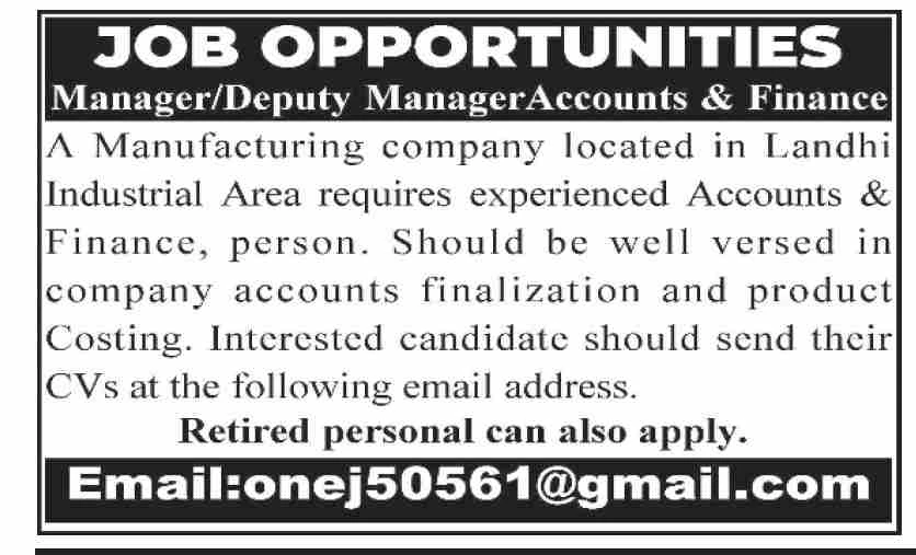 Manufacturing company Manager Accounts Finance job advertisement Karachi 2025