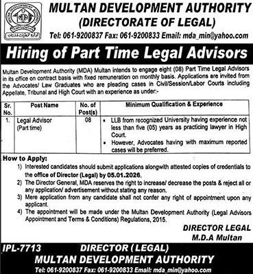 Multan Development Authority Legal Advisor Recruitment Advertisement 2025