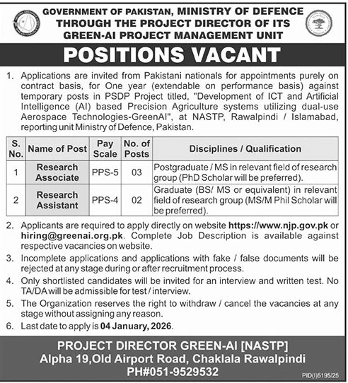 Ministry of Defence Green-AI Jobs 2025 Research Associate Assistant