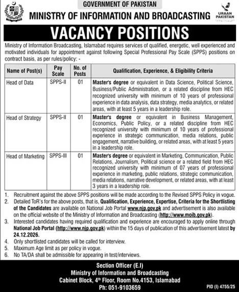 ministry of information and broadcasting vacancy positions advertisement for spps head of data head of strategy and head of marketing