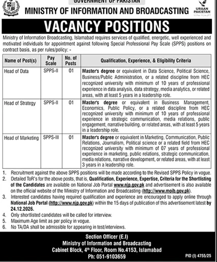 ministry of information and broadcasting vacancy positions advertisement for head of data, head of strategy and head of marketing