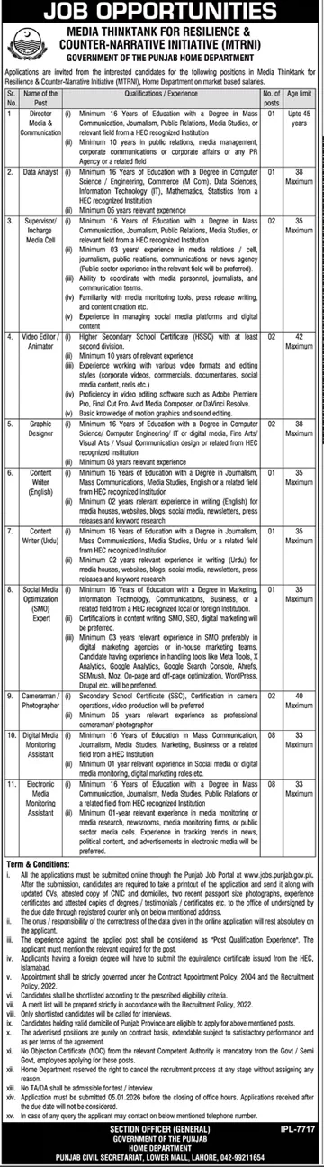 mtrni media thinktank job advertisement, lahore government vacancies