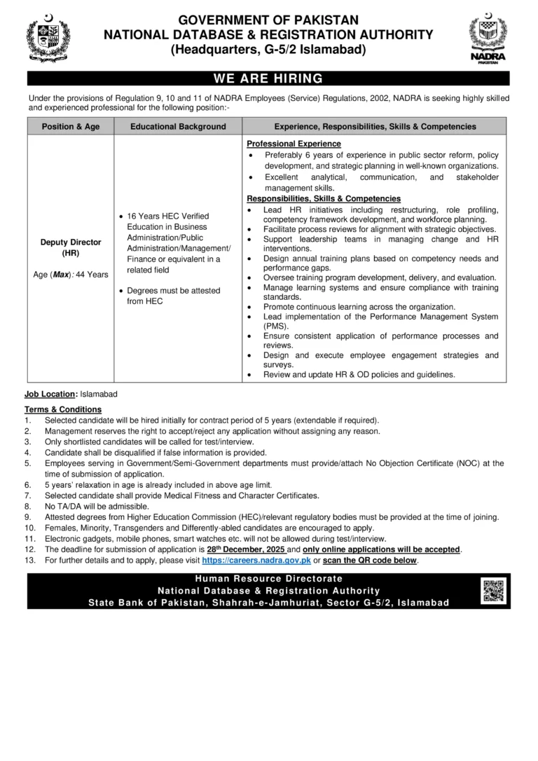 NADRA Deputy Director HR job advertisement Islamabad 2025