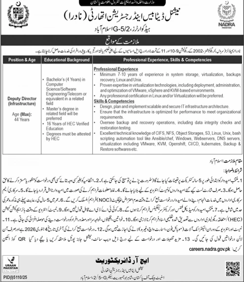 NADRA Deputy Director Infrastructure Jobs in Islamabad 2026 NADRA Deputy Director Infrastructure Jobs in Islamabad 2026